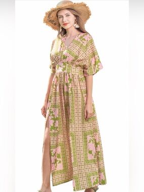 Quatrefox Floral Pink & Olive V-Neck Maxi Dress with Elastic Waist NWT
